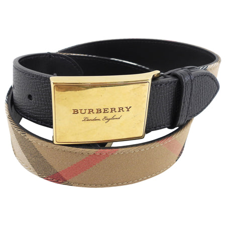 Burberry Brass Buckle Check and Black Leather Belt - 80/32