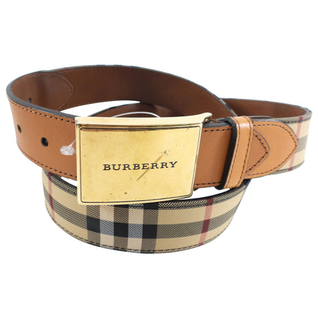 Burberry Brass Buckle Check and Tan Leather Belt - 95/36