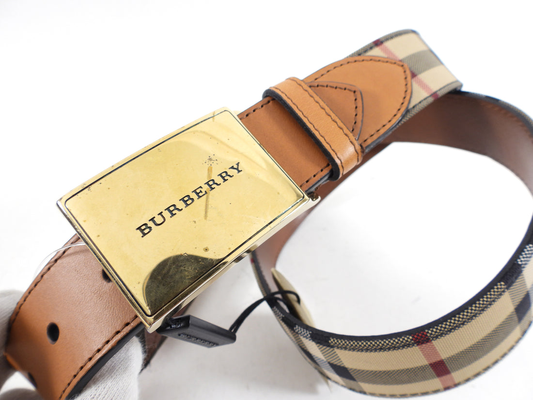 Burberry Brass Buckle Check and Tan Leather Belt - 95/36