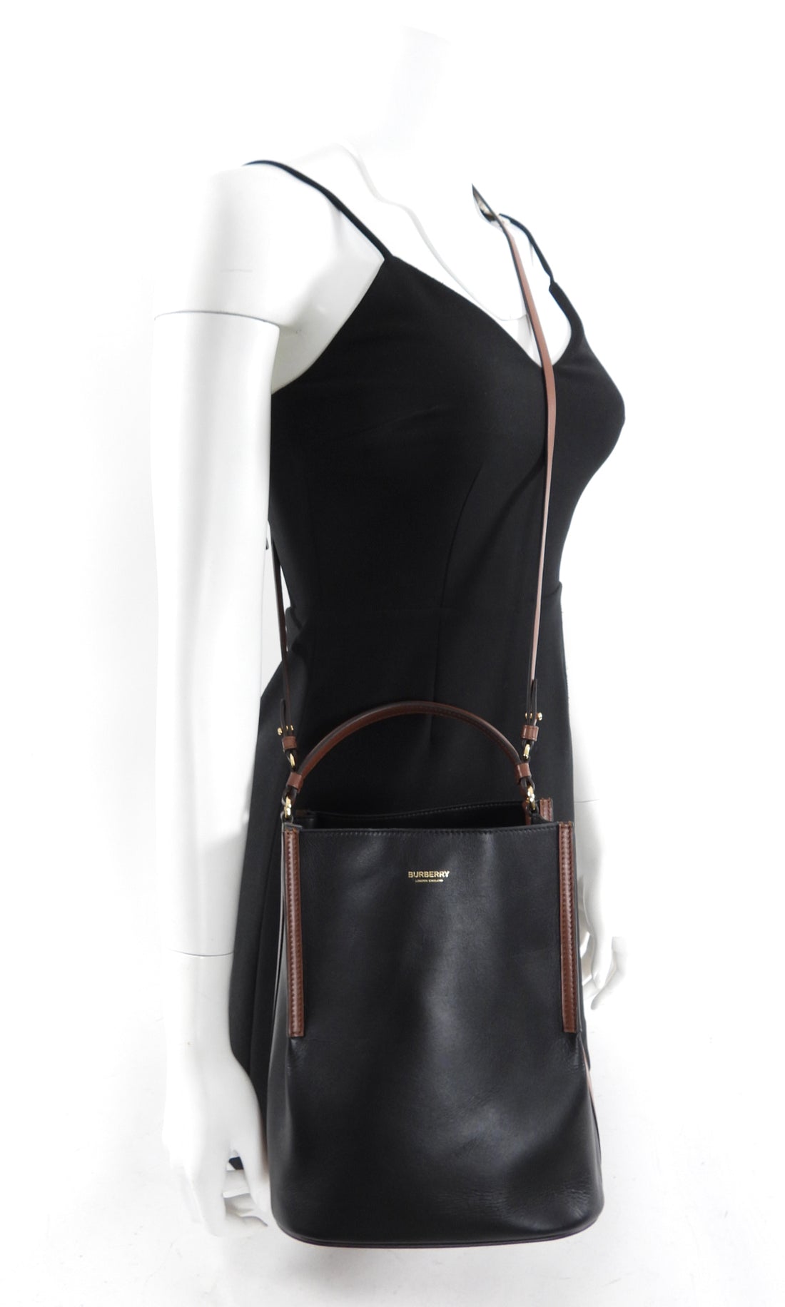 Burberry Black and Brown Leather Small Bucket Bag with Pouch