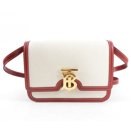 Burberry Small TB Canvas Toile and Red Leather Crossbody Bag