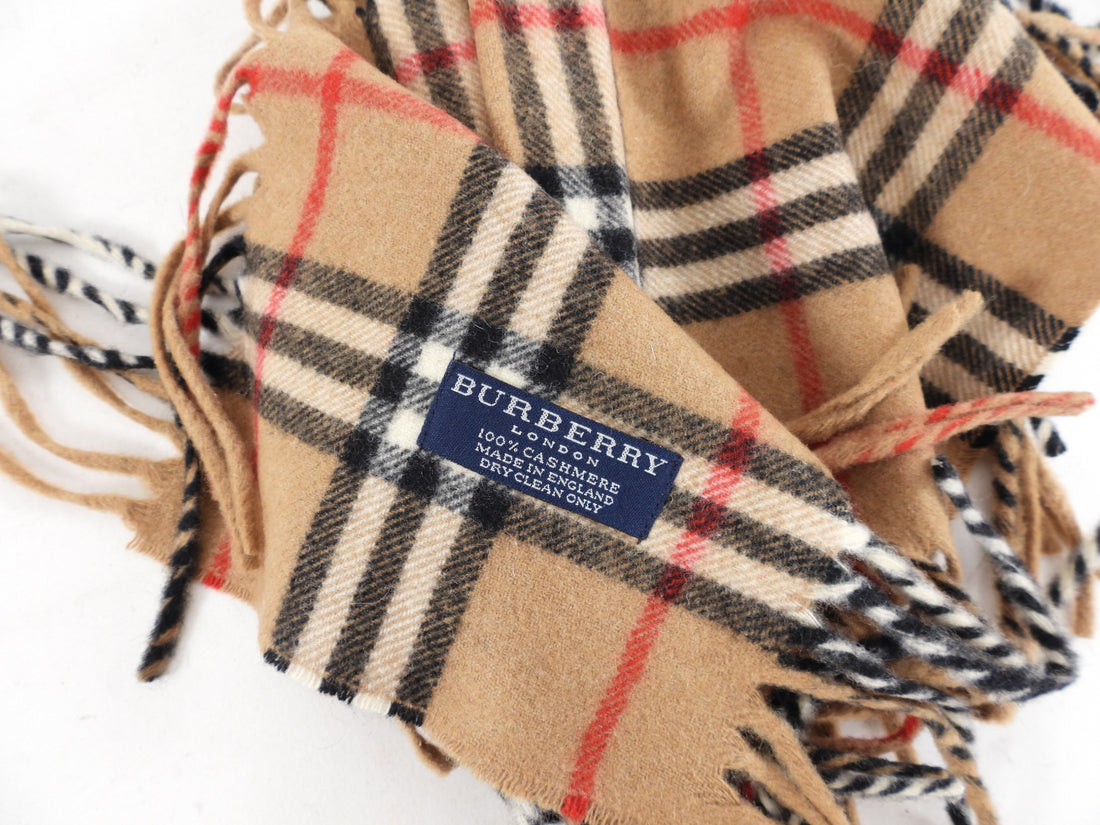 Burberry Tan Nova Check Cashmere Fringe Scarf