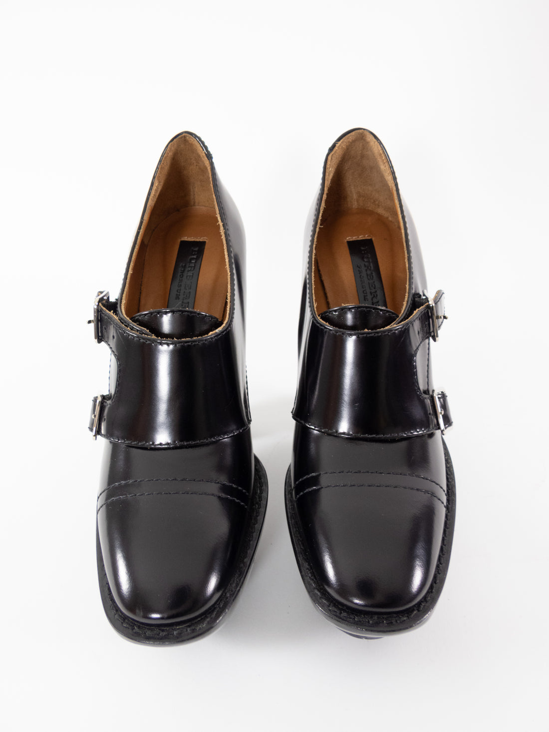Burberry Prorsum Black Leather Monk Double Buckle Wedge Platform Heels - 37