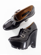 Burberry Prorsum Black Leather Monk Double Buckle Wedge Platform Heels - 37