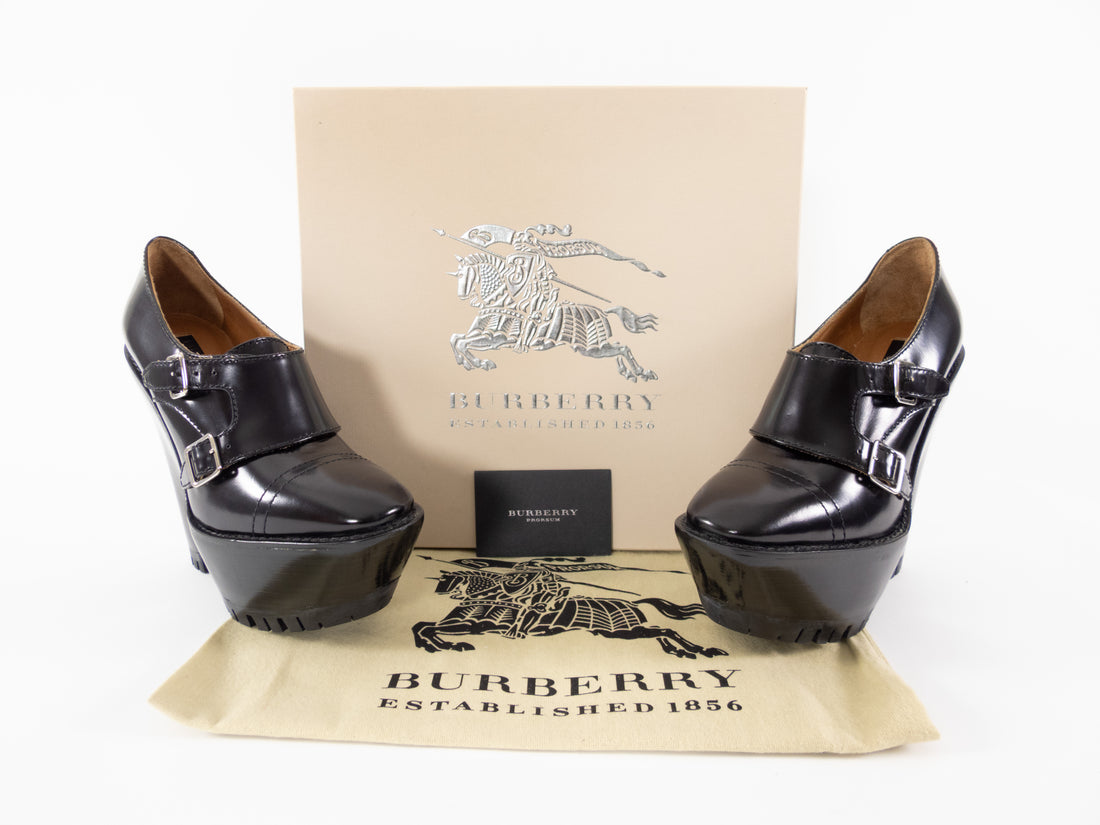 Burberry Prorsum Black Leather Monk Double Buckle Wedge Platform Heels - 37