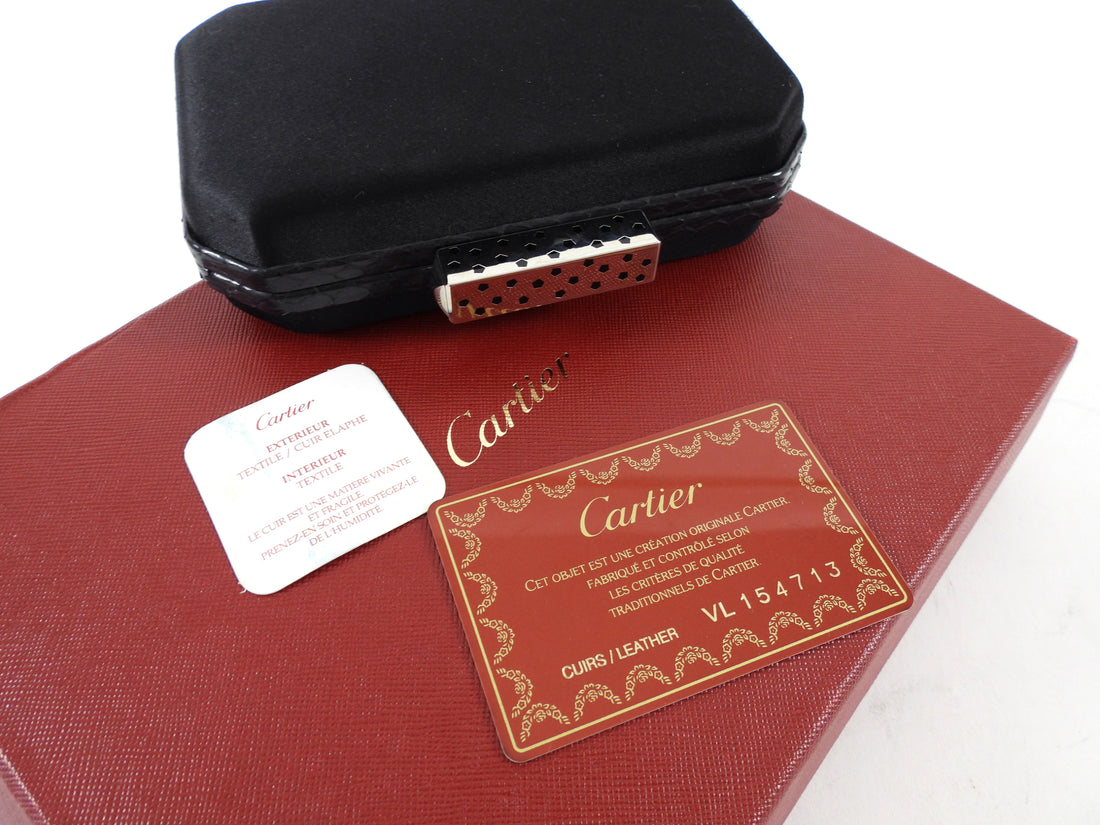 Cartier Vintage Panthere Black Silk Satin Python Evening Box Clutch Bag