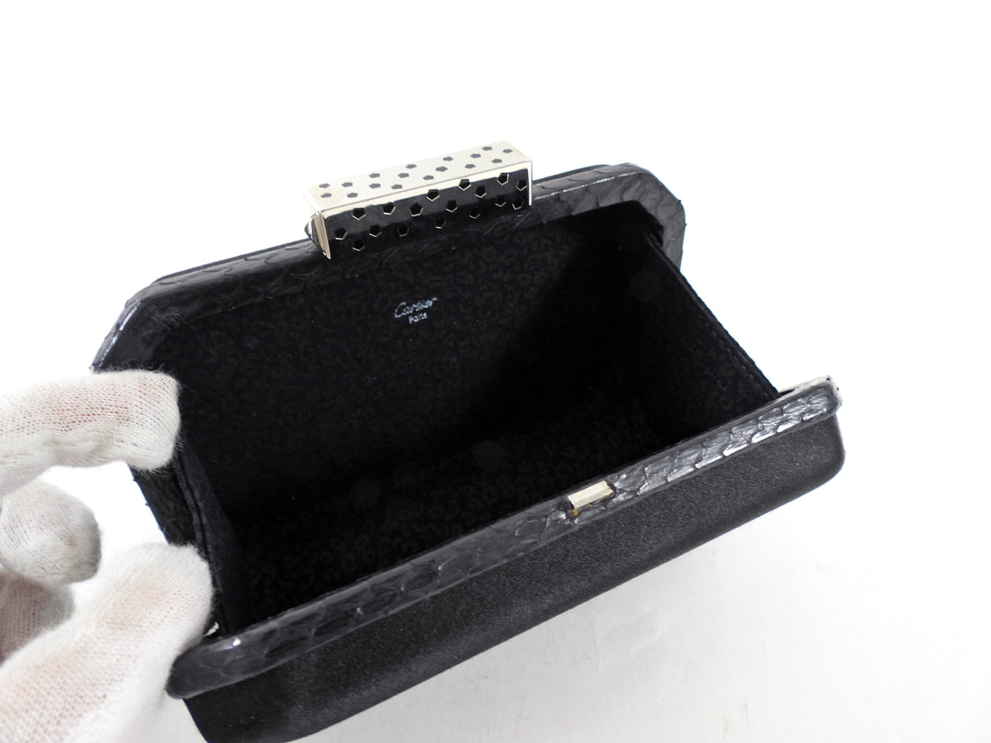 Cartier Vintage Panthere Black Silk Satin Python Evening Box Clutch Bag