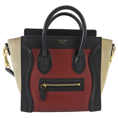 Celine Tricolour Burgundy Black Taupe Leather Nano Luggage Tote Bag