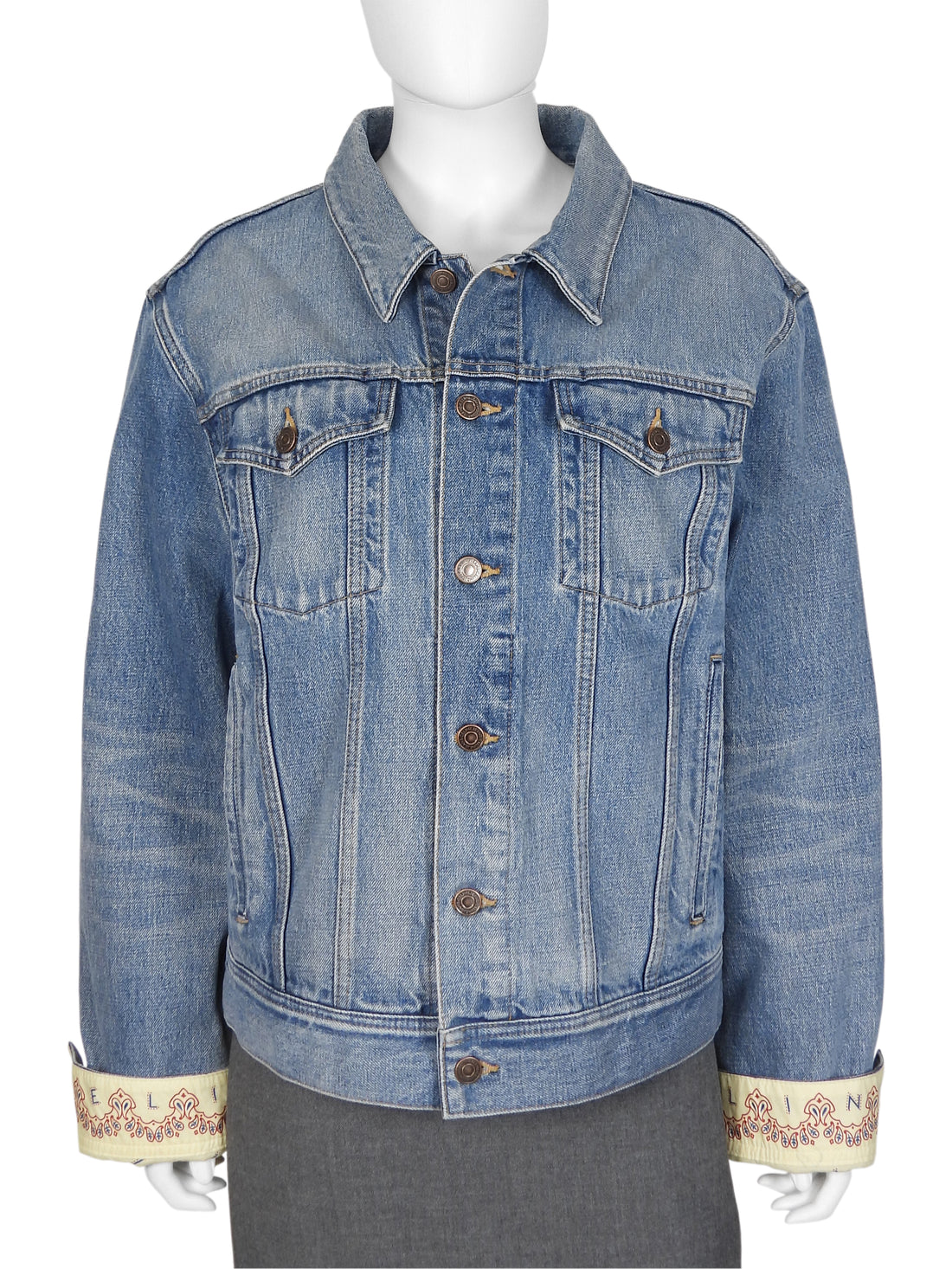 Celine Blue Denim Trucker Jacket with Paisley Lined Sleeves - M