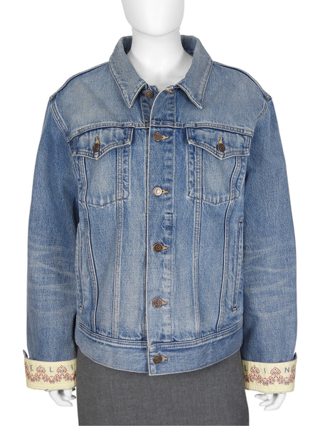 Celine Blue Denim Trucker Jacket with Paisley Lined Sleeves - M