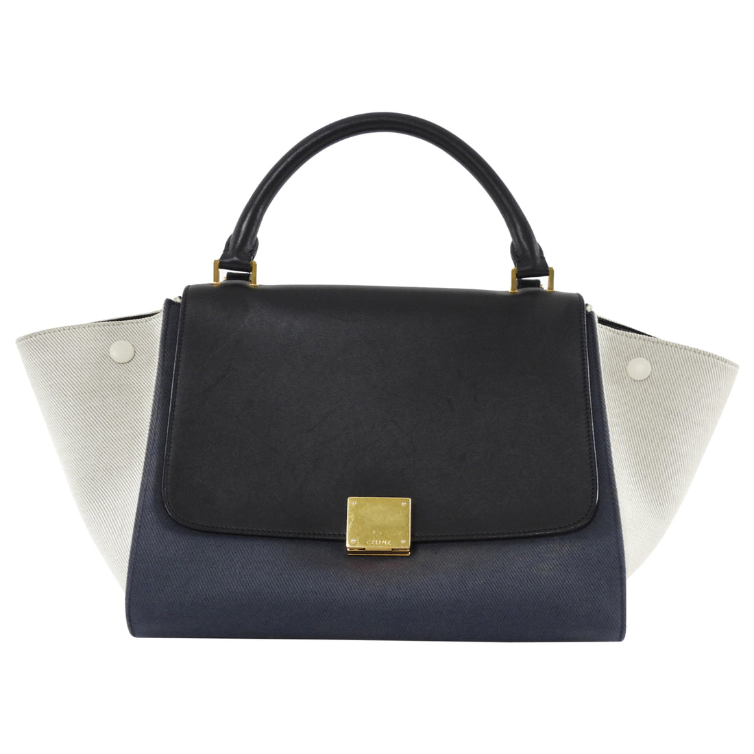 Celine Blue White Black Tricolor Denim and Leather Small Trapeze Two Way Bag