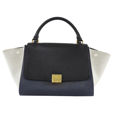 Celine Blue White Black Tricolor Denim and Leather Small Trapeze Two Way Bag