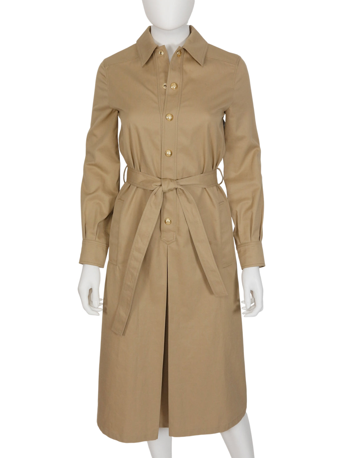 Celine Beige Canvas Gold Tone Snap Closure Belted Shirt Dress - 34
