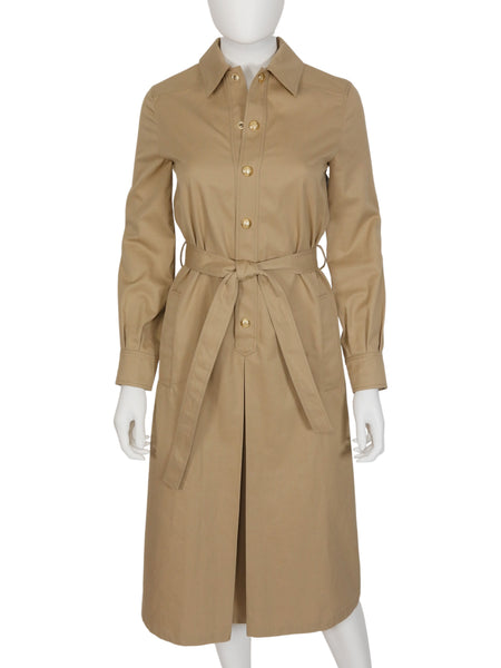 Celine Beige Canvas Gold Tone Snap Closure Belted Shirt Dress - 34