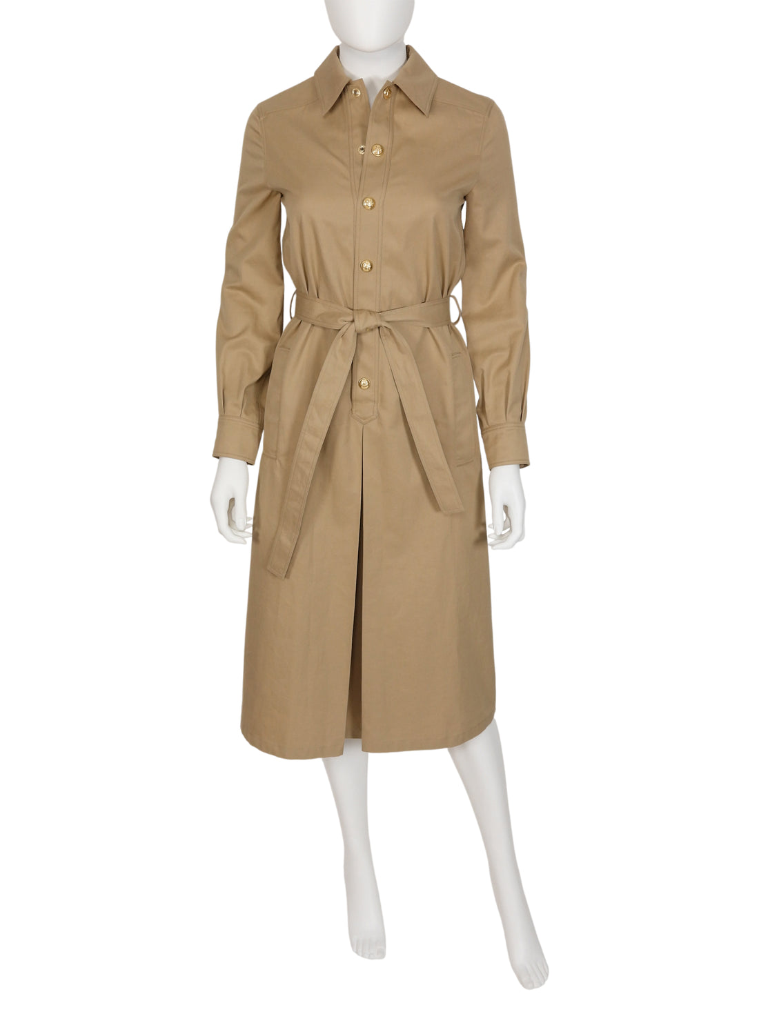 Celine Beige Canvas Gold Tone Snap Closure Belted Shirt Dress - 34
