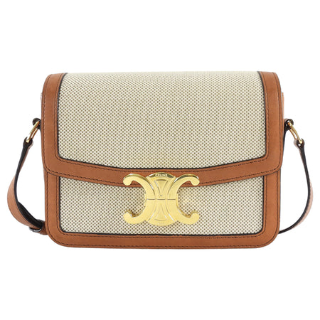 Celine Teen Triomphe Natural Toile and Tan Brown Calfskin Crossbody Bag