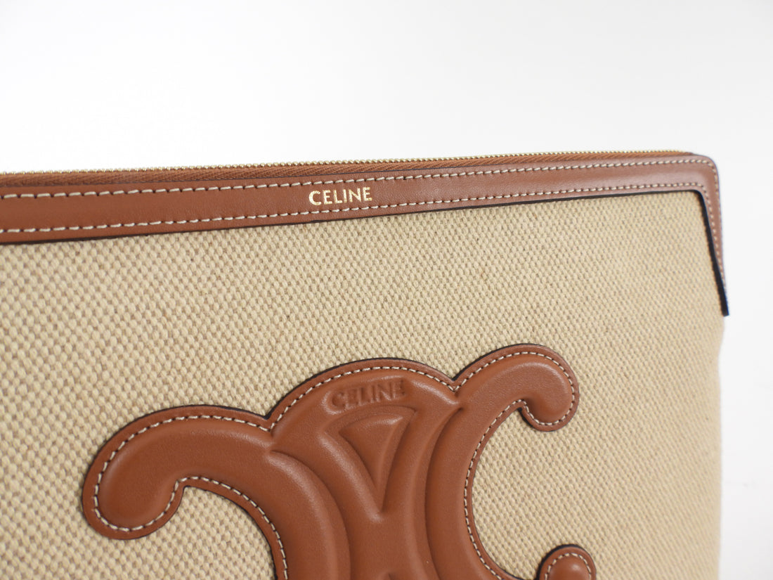 Celine Canvas and Tan Leather Triomphe Zip Pouch Clutch Bag