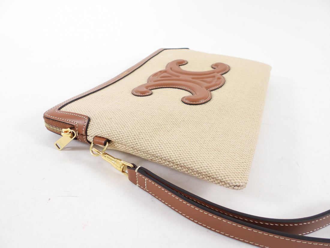 Celine Canvas and Tan Leather Triomphe Zip Pouch Clutch Bag