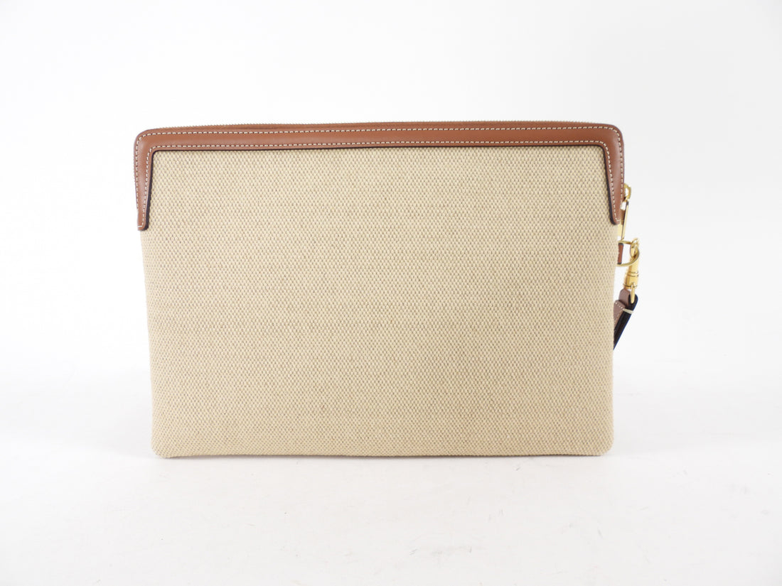 Celine Canvas and Tan Leather Triomphe Zip Pouch Clutch Bag