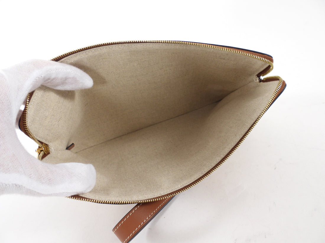 Celine Canvas and Tan Leather Triomphe Zip Pouch Clutch Bag