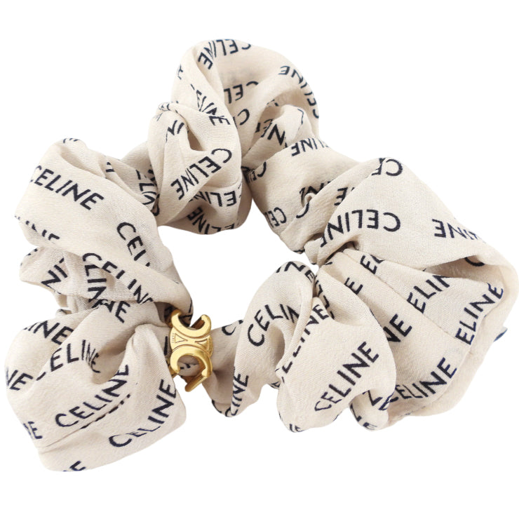 Celine Light Beige Logo Scrunchie with Gold Logo Detail