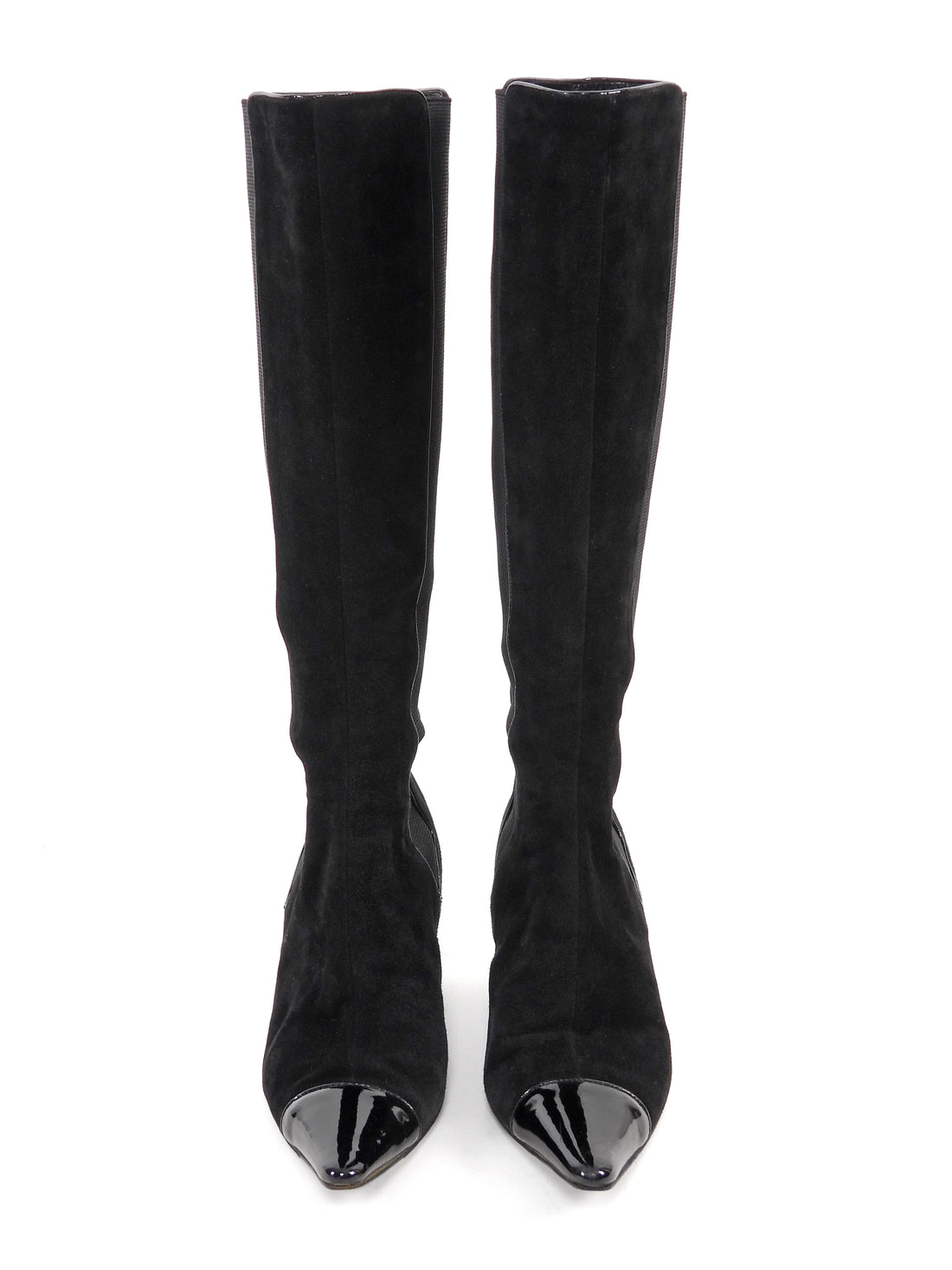 Chanel Black Vintage 2000's Cap Toe Pointed Suede Knee Boots - 36