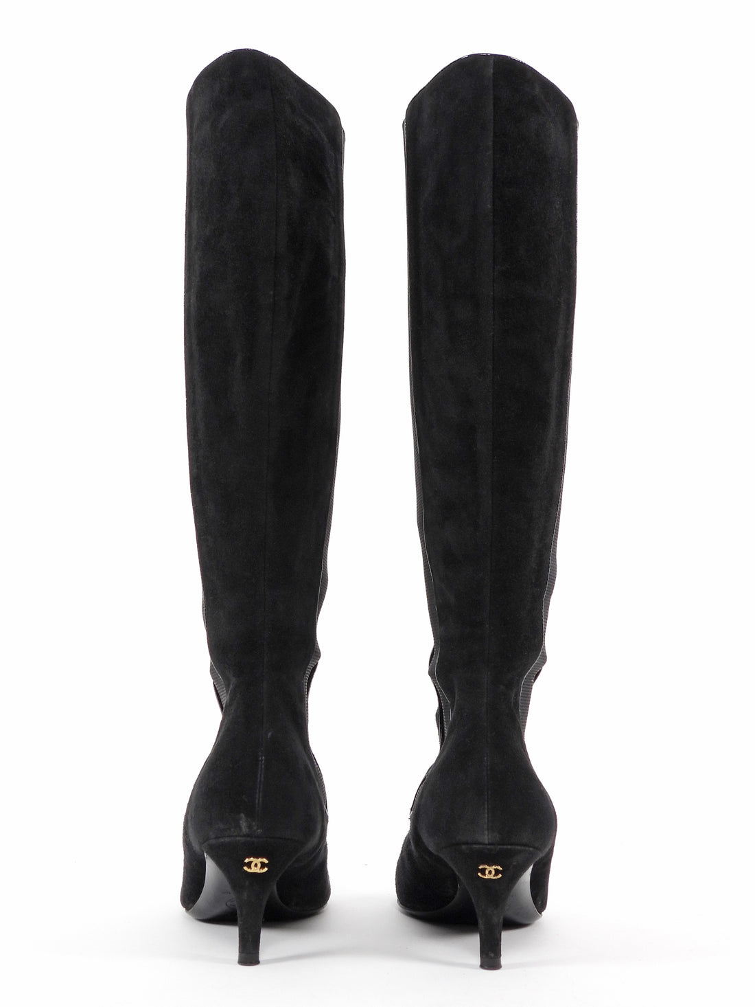 Chanel Black Vintage 2000's Cap Toe Pointed Suede Knee Boots - 36