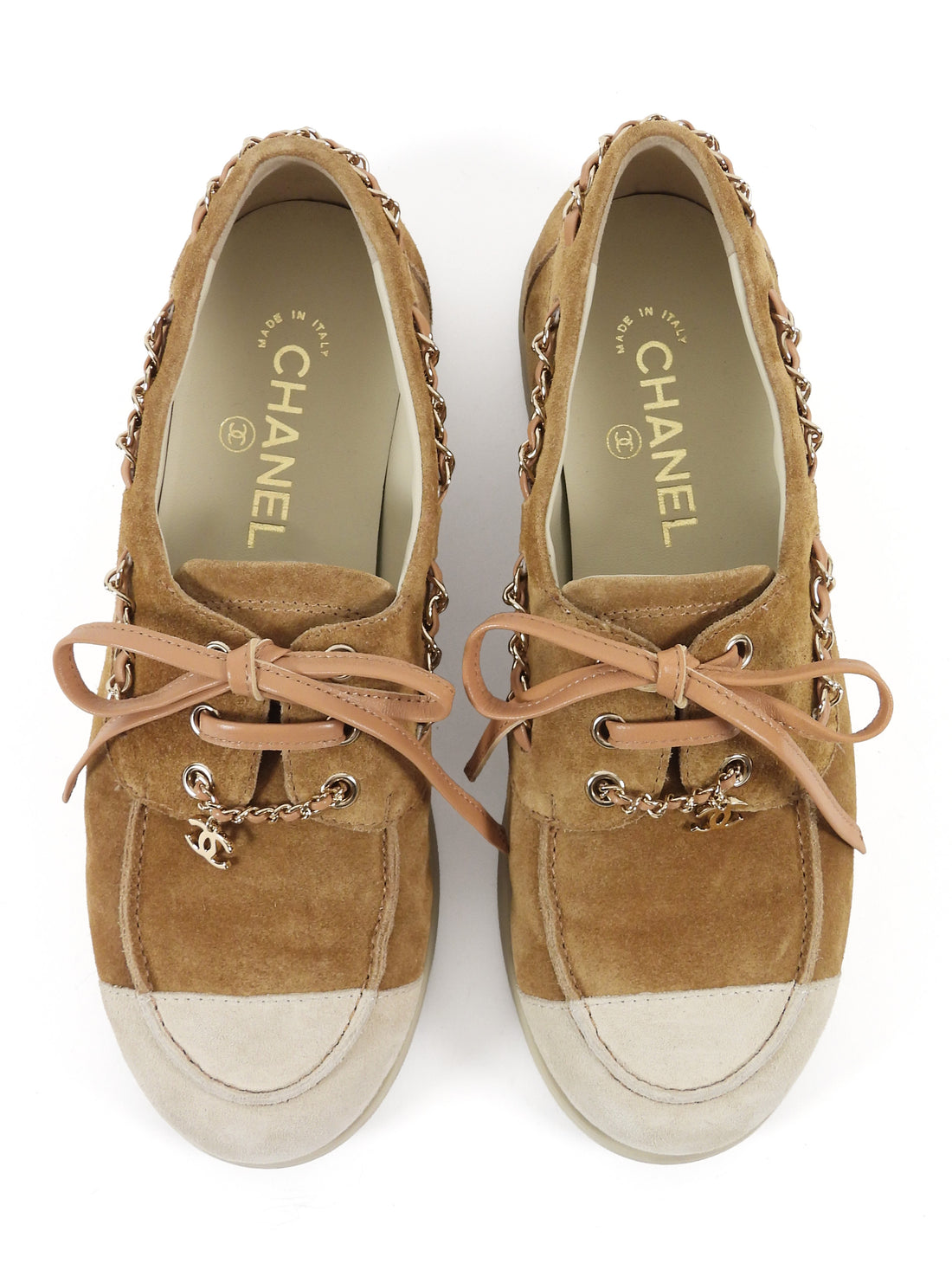 Chanel Beige 2025 Interlocking CC Suede Chain Oxford Shoes - 37C