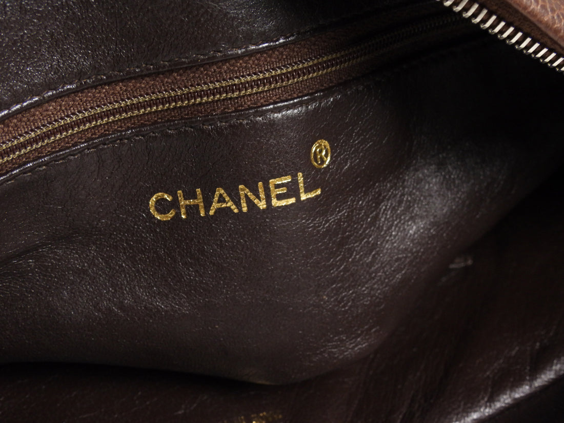 Chanel Brown Vintage 1991 Brown Caviar Leather Chevron Quilted Jumbo Camera Bag