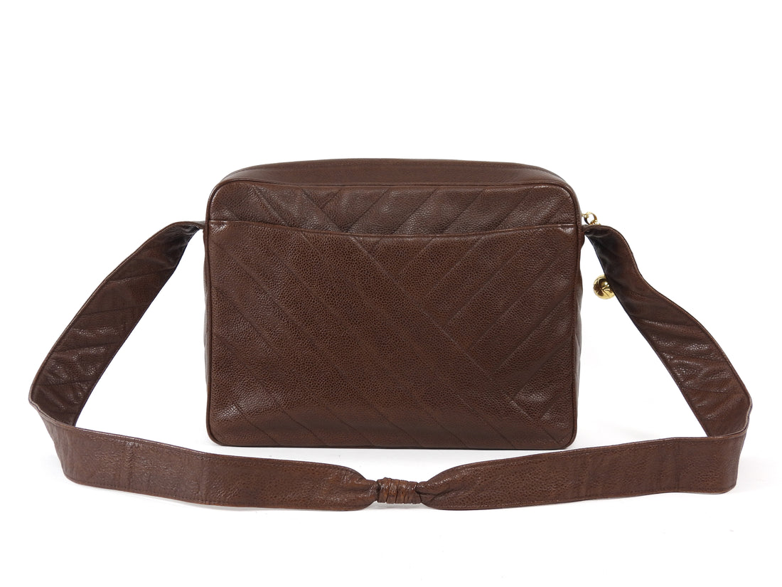 Chanel Brown Vintage 1991 Brown Caviar Leather Chevron Quilted Jumbo Camera Bag