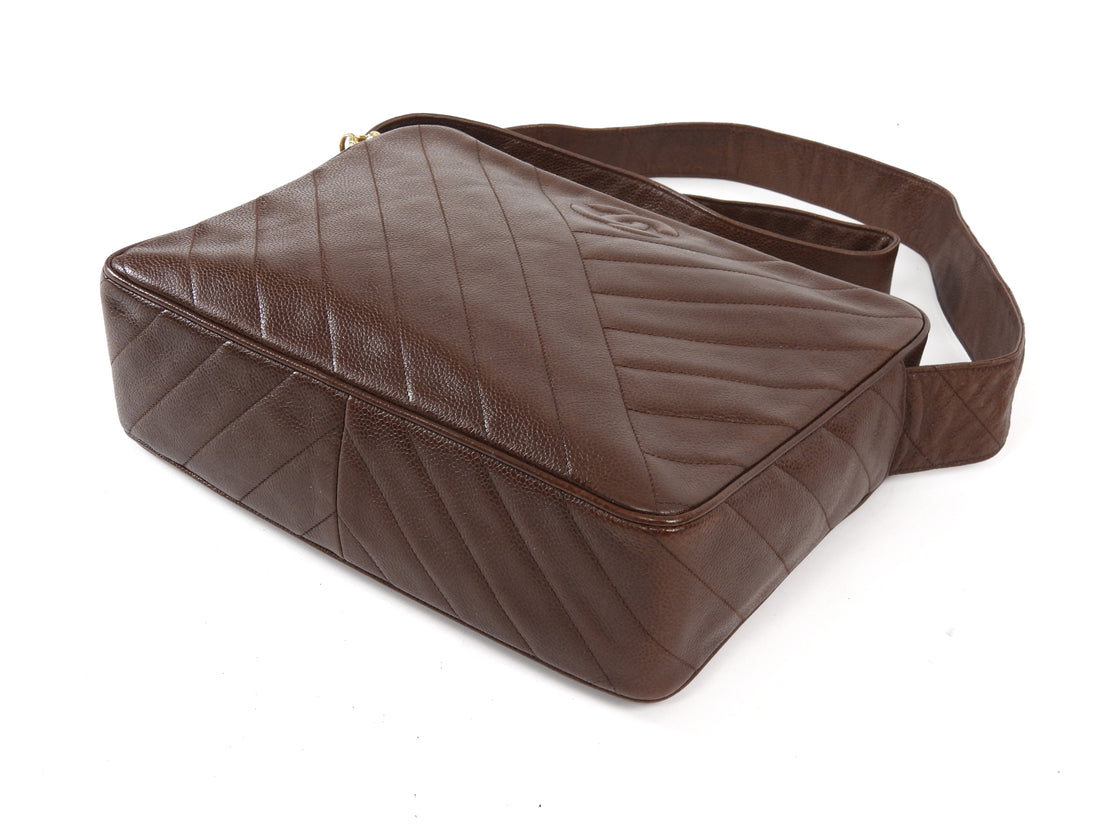 Chanel Brown Vintage 1991 Brown Caviar Leather Chevron Quilted Jumbo Camera Bag