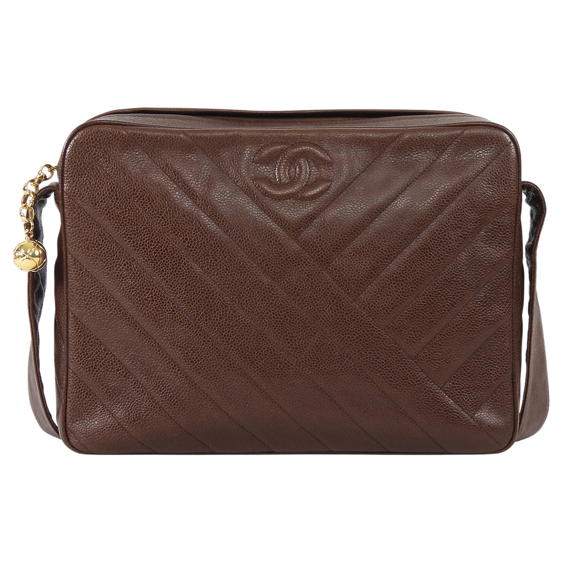 Chanel Brown Vintage 1991 Brown Caviar Leather Chevron Quilted Jumbo Camera Bag