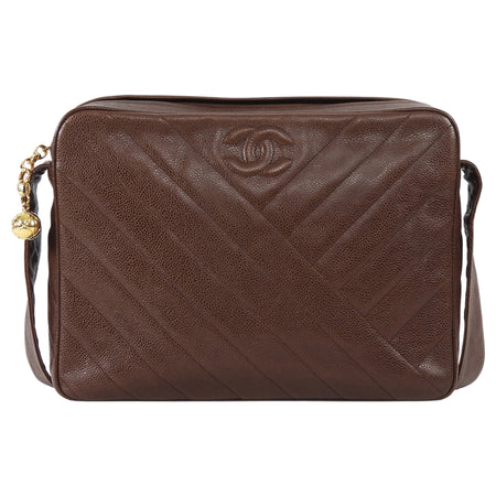 Chanel Brown Vintage 1991 Brown Caviar Leather Chevron Quilted Jumbo Camera Bag
