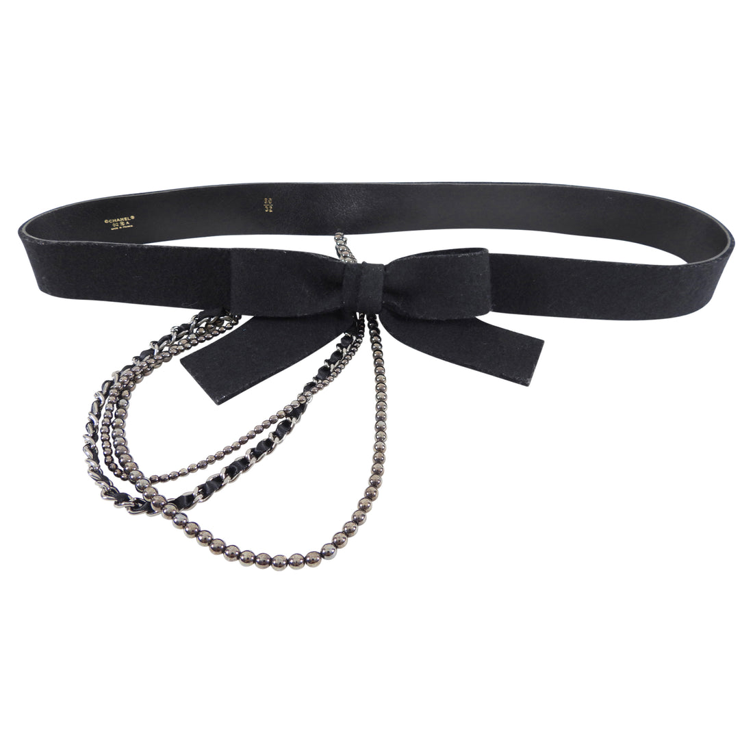 Chanel 02A Vintage Black Felt Bow Chain Belt - 80 / 32