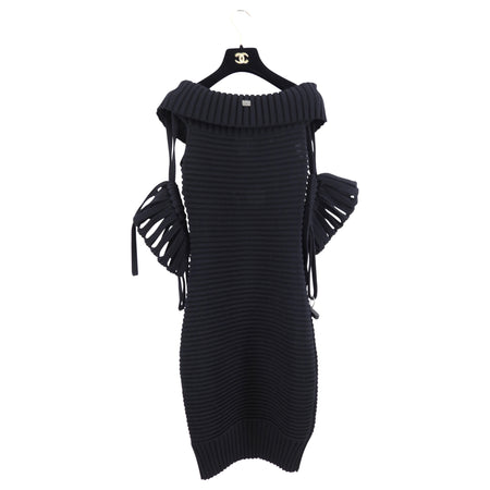 Chanel 09P Black Off Shoulder Rib Tube Dress with Removable Sleeves - FR36