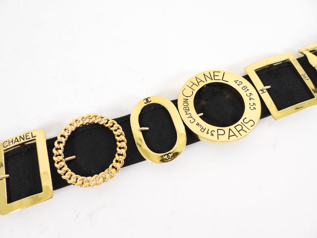 Chanel SS 1988 Vintage Black Leather Goldtone Multi Buckle Belt
