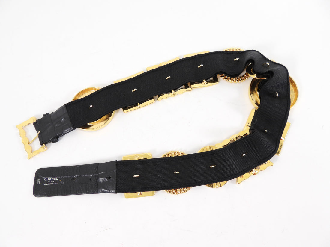 Chanel SS 1988 Vintage Black Leather Goldtone Multi Buckle Belt