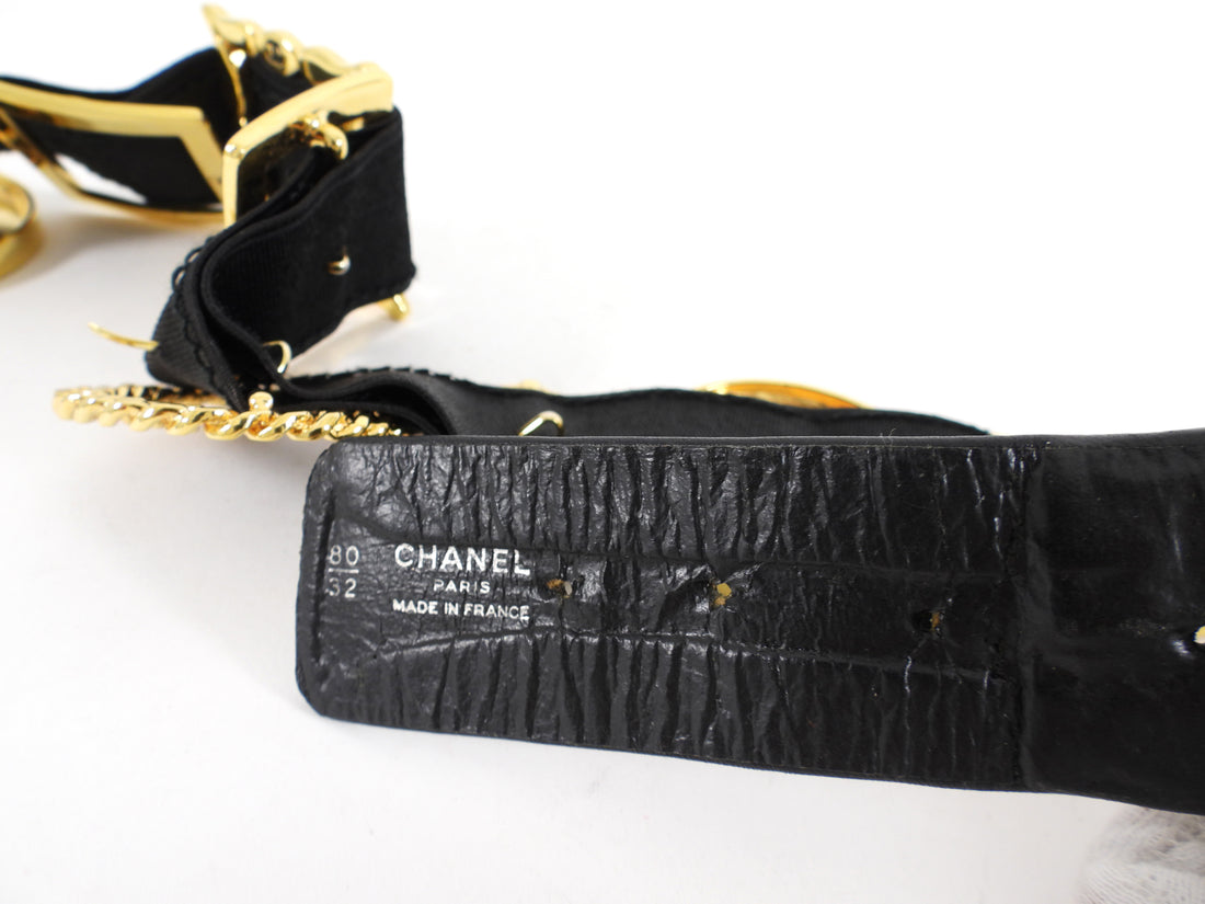 Chanel SS 1988 Vintage Black Leather Goldtone Multi Buckle Belt