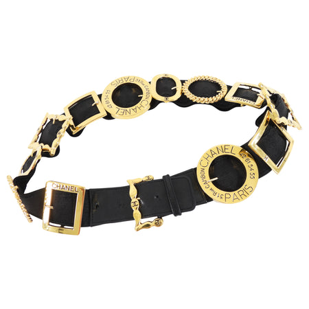 Chanel SS 1988 Vintage Black Leather Goldtone Multi Buckle Belt