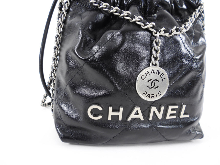 Chanel 22 Black Glossed Leather Logo Mini Chain Bag