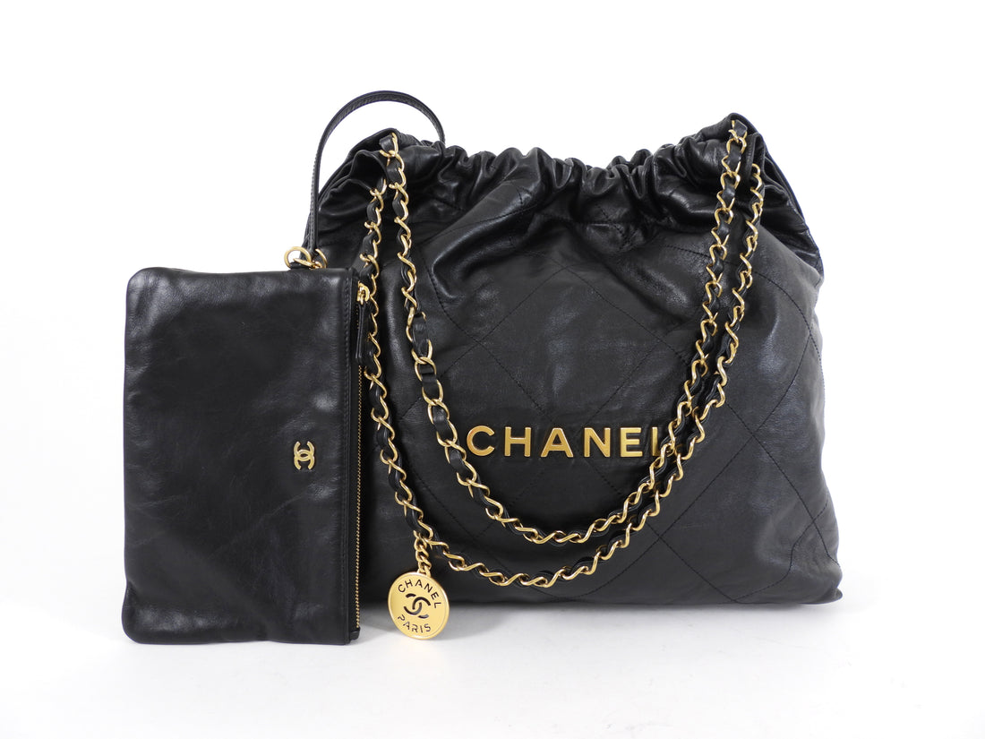 Chanel 22 Black Glossed Leather Large Chain Bag