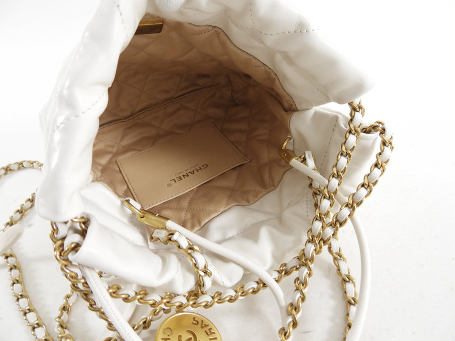 Chanel 22 White Glossed Leather Logo Mini Chain Bag