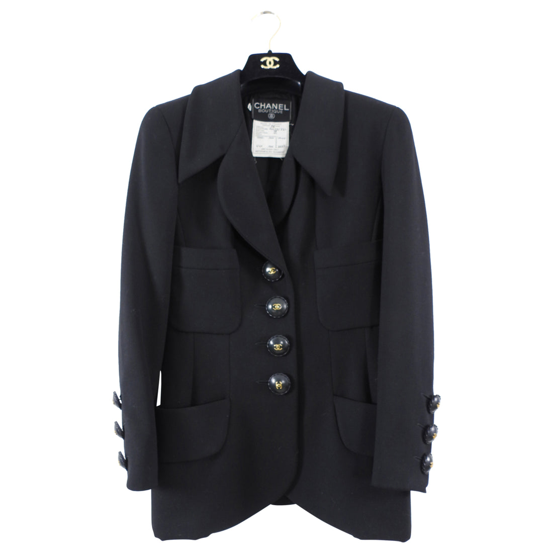 Chanel Vintage 1980's Black Wool Blazer with Large CC Leather Buttons - FR38 / S