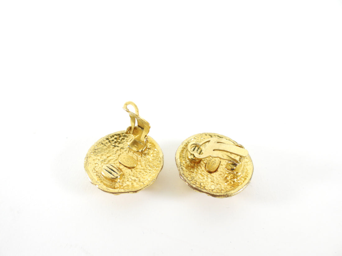 Chanel Vintage 95A Gilt Goldtone Textured CC Button Clip on Earrings