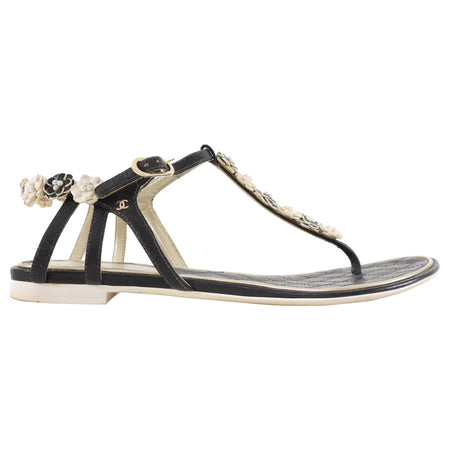 Chanel Black and White Leather Floral and Pearl Flat Sandals - 37.5
