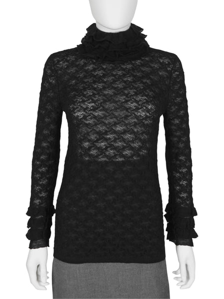 Chanel Black Sheer Ruffle Knit Collar and Cuffs Top 38