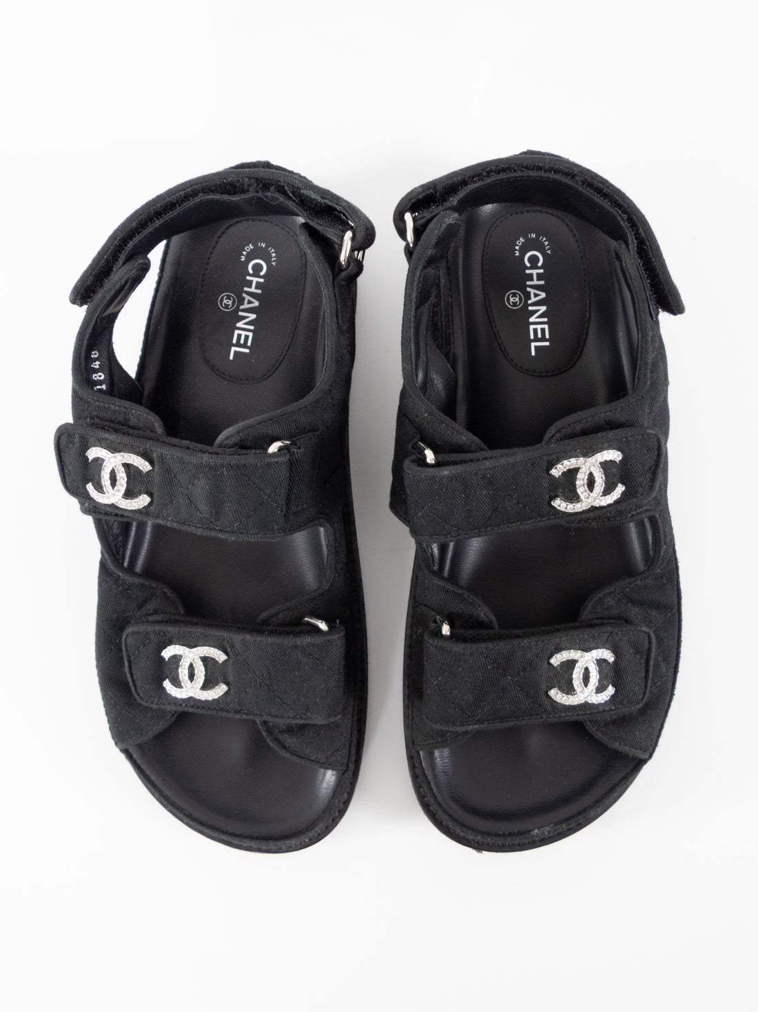Chanel Black Canvas Quilted Crystal CC Dad Sandals - 37