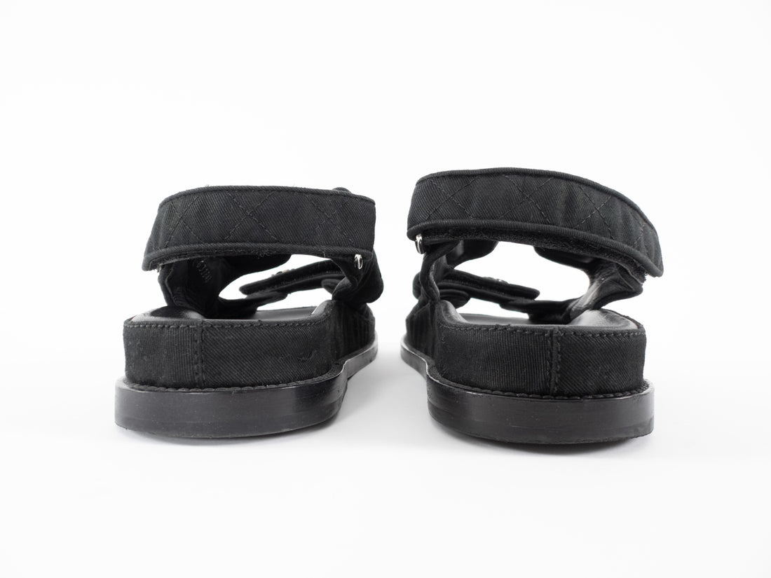 Chanel Black Canvas Quilted Crystal CC Dad Sandals - 37