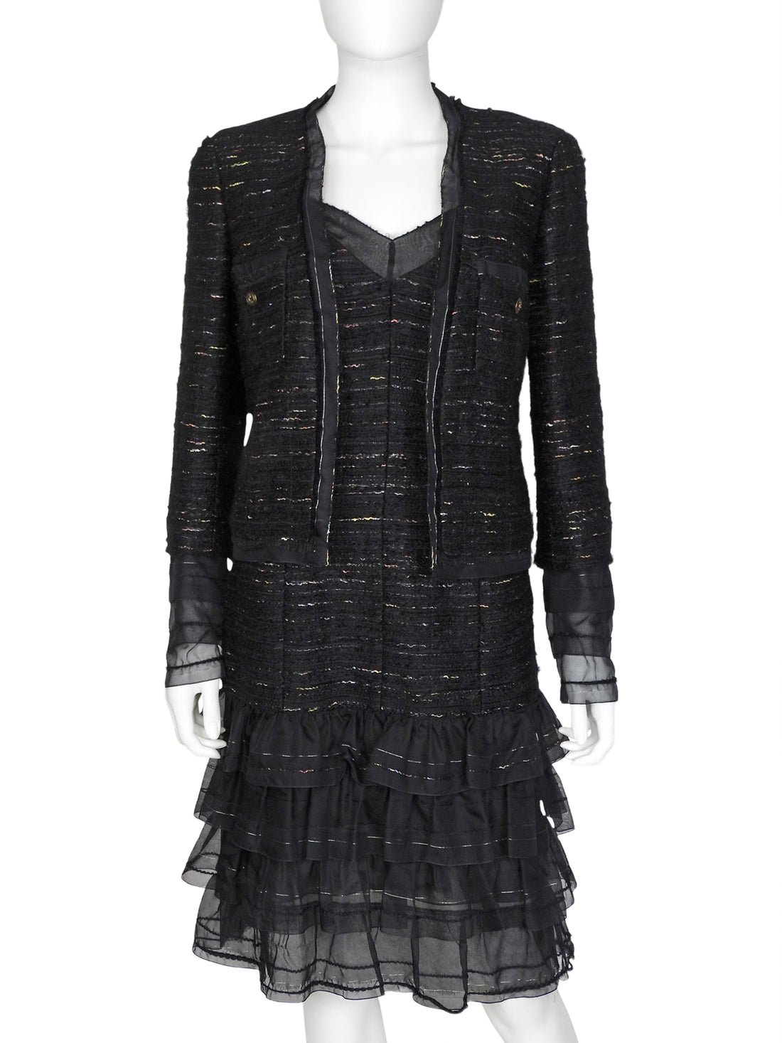 Chanel Black 04A Tweed Silk Ruffle Strappy Dress and Jacket Set 42