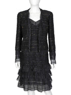 Chanel Black 04A Tweed Silk Ruffle Strappy Dress and Jacket Set 42
